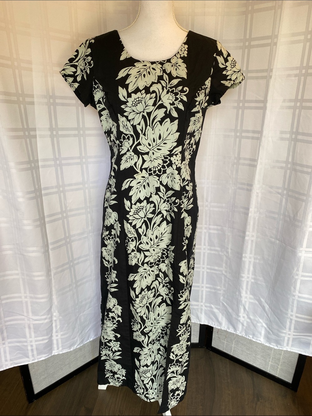 Vintage Kona Malia Hawaiian Floral Fitted Maxi Capped Sleeve Cotton Dress MED